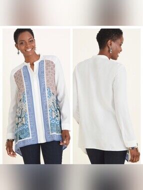 Chico's Cream & Blue Printed Blouse with Shark Bite Sides Size 2/Large